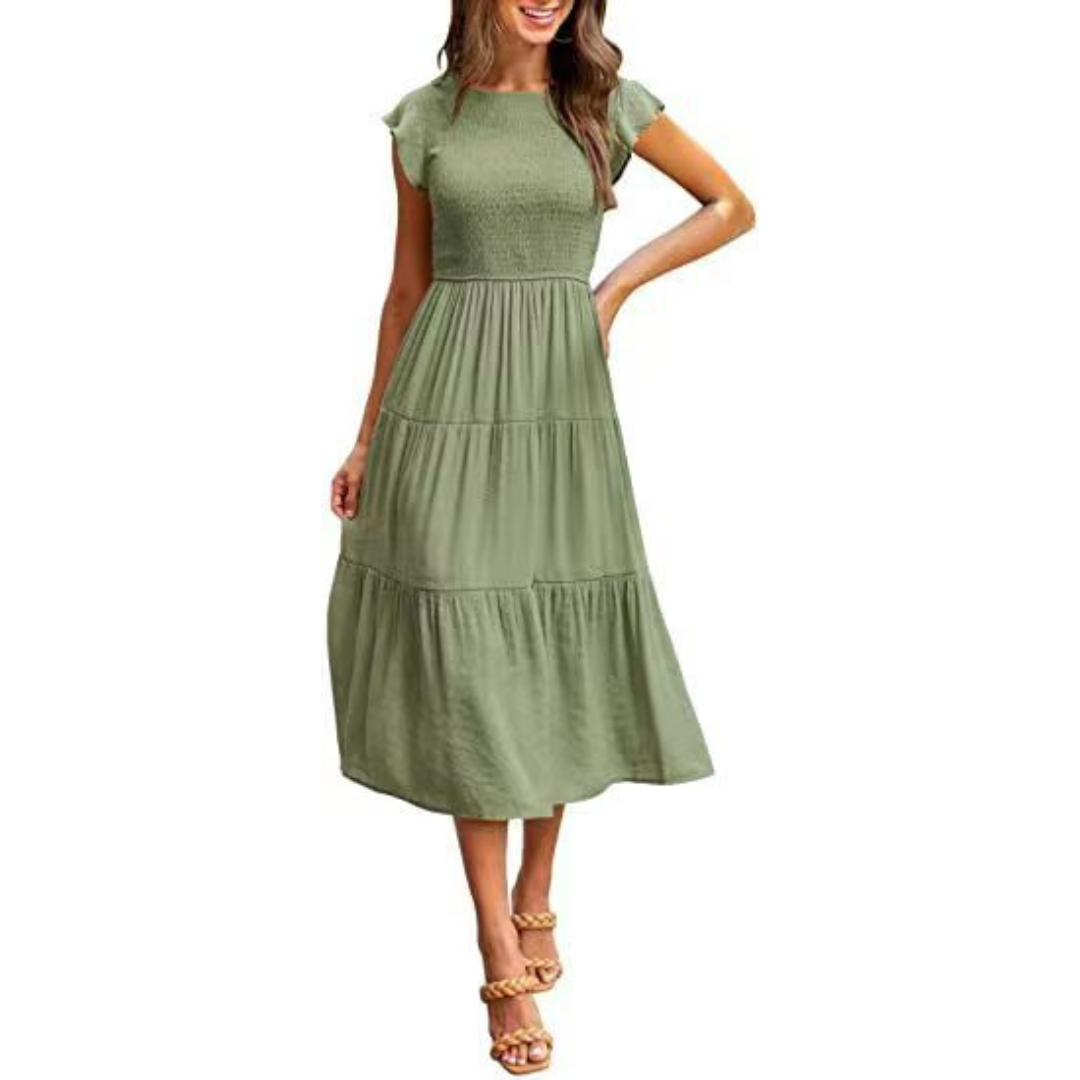 KRISELLE™ - Robe Midi Fumée à Manches Volantes Élégantes